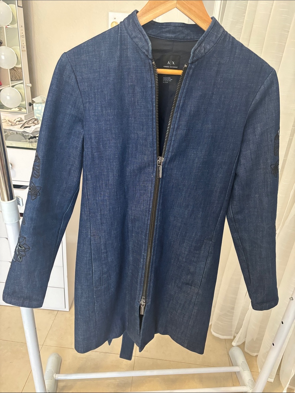A/X Armani Exchange Women's Navy Denim-Style Zip Coat